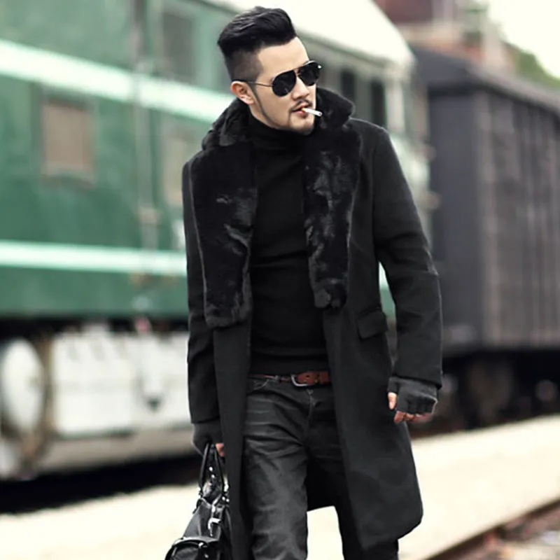 Men's Winter Woolen Fur Long Coat