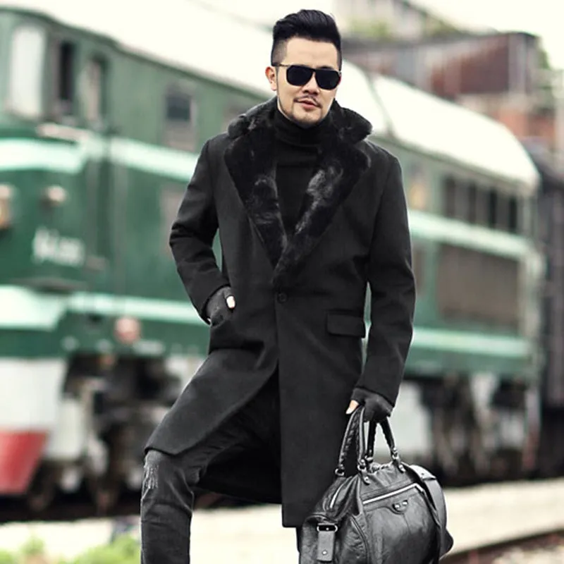 Men's Winter Woolen Fur Long Coat