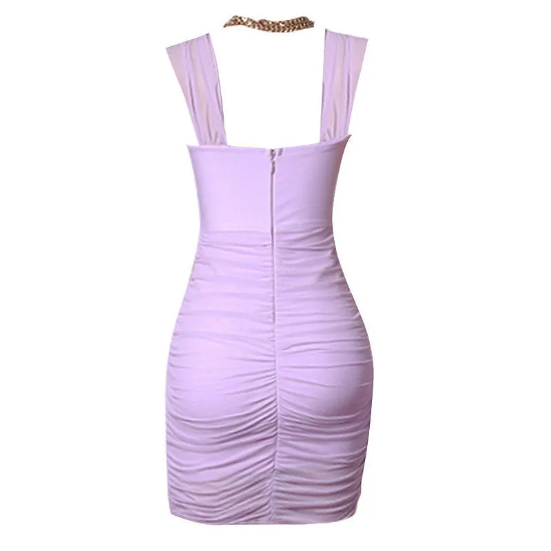 Metallic Chain Detail Sleeveless Ruched Mesh CutOut Mini Bandage Dress - Purple