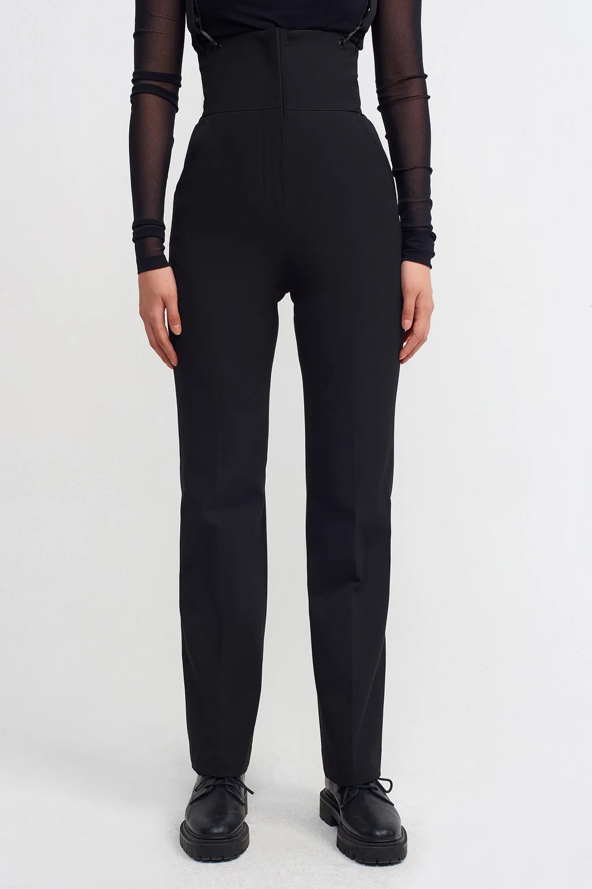 Nu High Waisted Trousers With Buckle Straps  Black