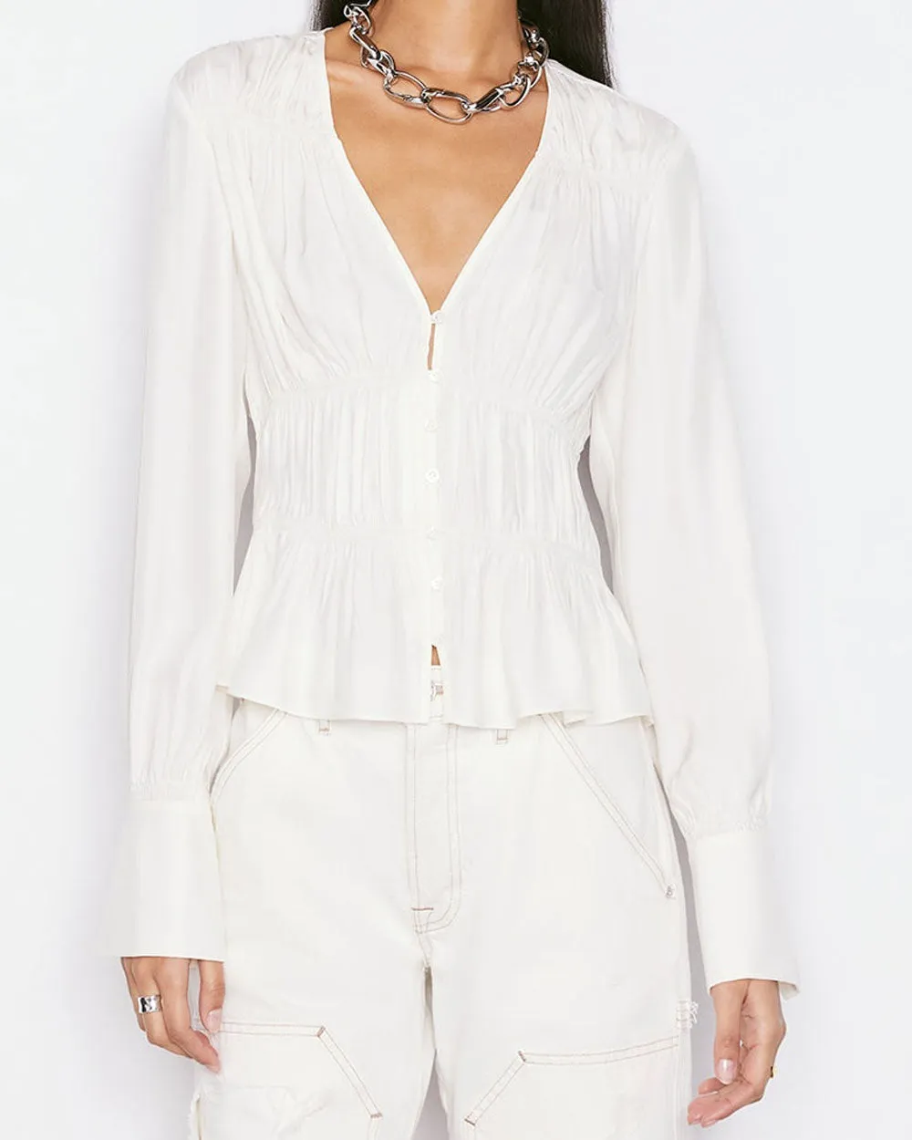 Off White Ruched V  Neck Blouse