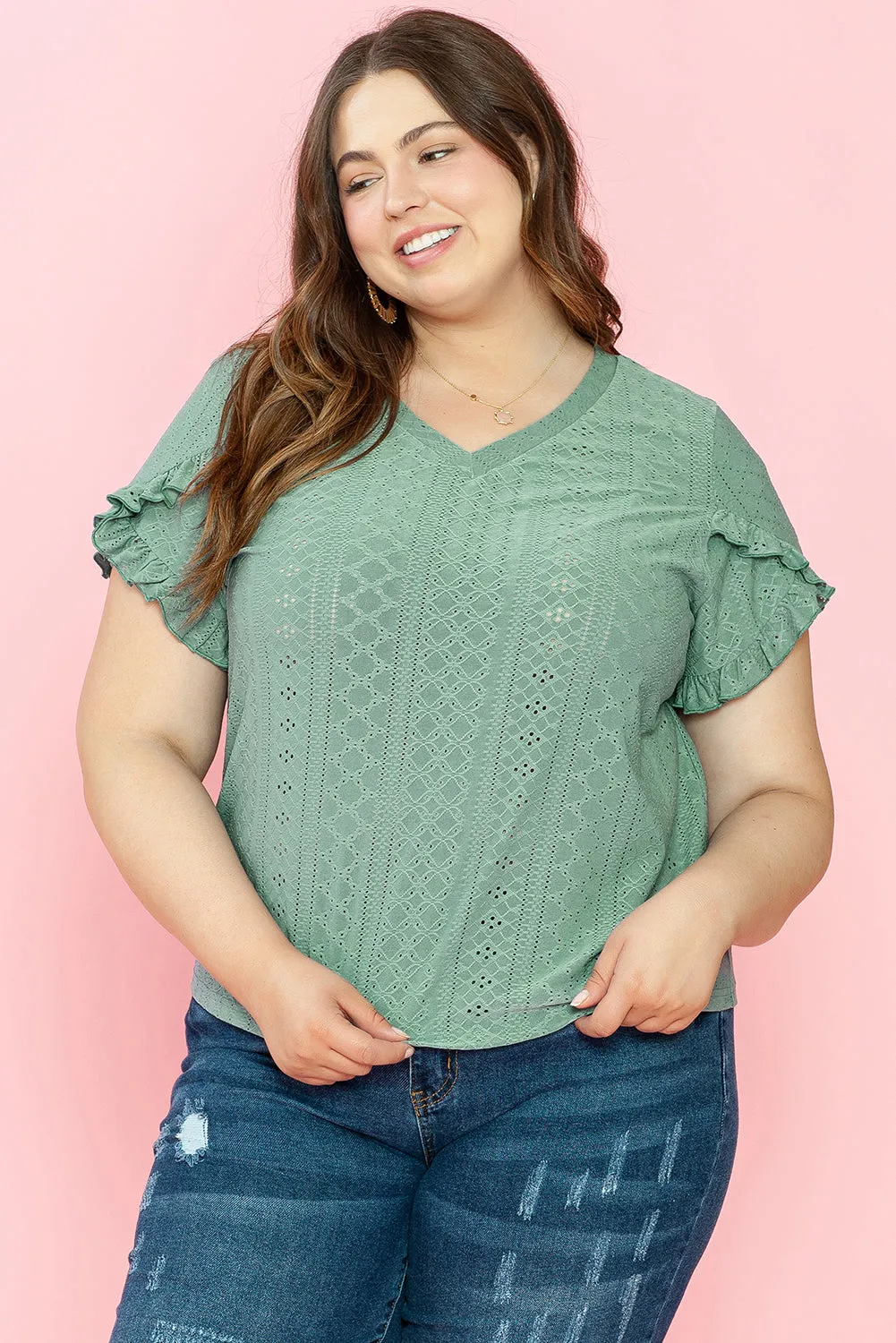 Petal Sleeve Jacquard Curvy Blouse