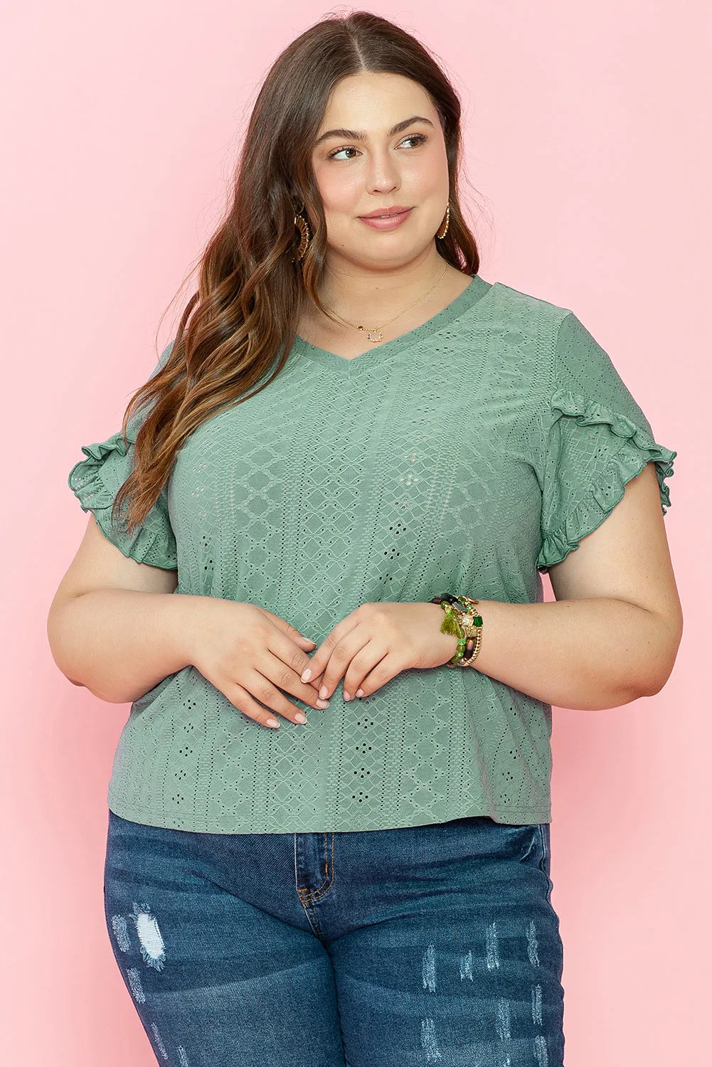 Petal Sleeve Jacquard Curvy Blouse