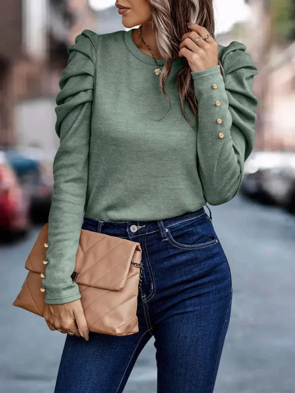 Puff Sleeve Blouse - Fall Pleated Fitted Top