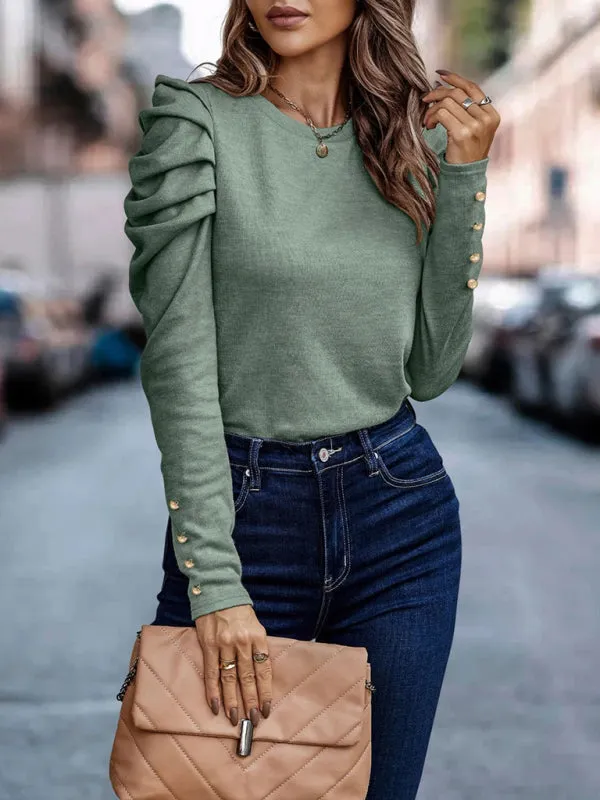 Puff Sleeve Blouse - Fall Pleated Fitted Top