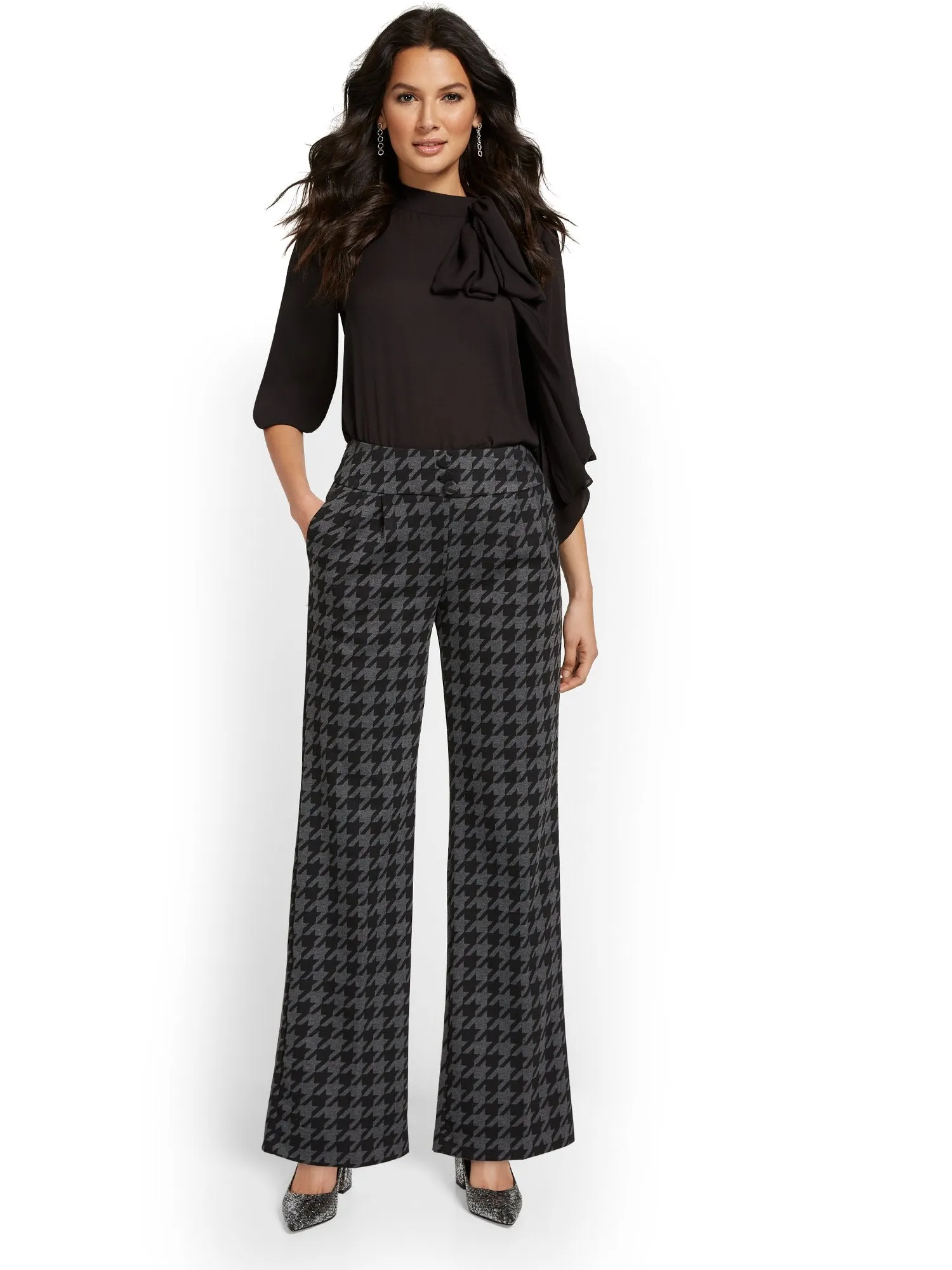 Pull-On Houndstooth Wide-Leg Ponte Pant - Superflex