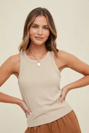 Ribbed Knit Cropped Round Neck Tank - Taupe