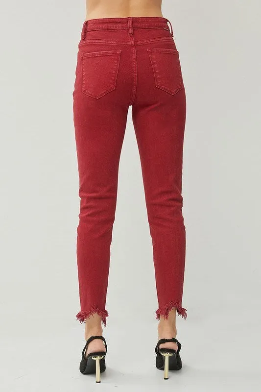 RISEN High Rise Crop Skinny Fray Hem Colored Pants