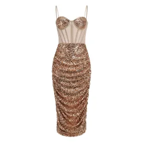 Semi Sheer Sweetheart Ruched Sequin Split Bodycon Corset Midi Cocktail Dress