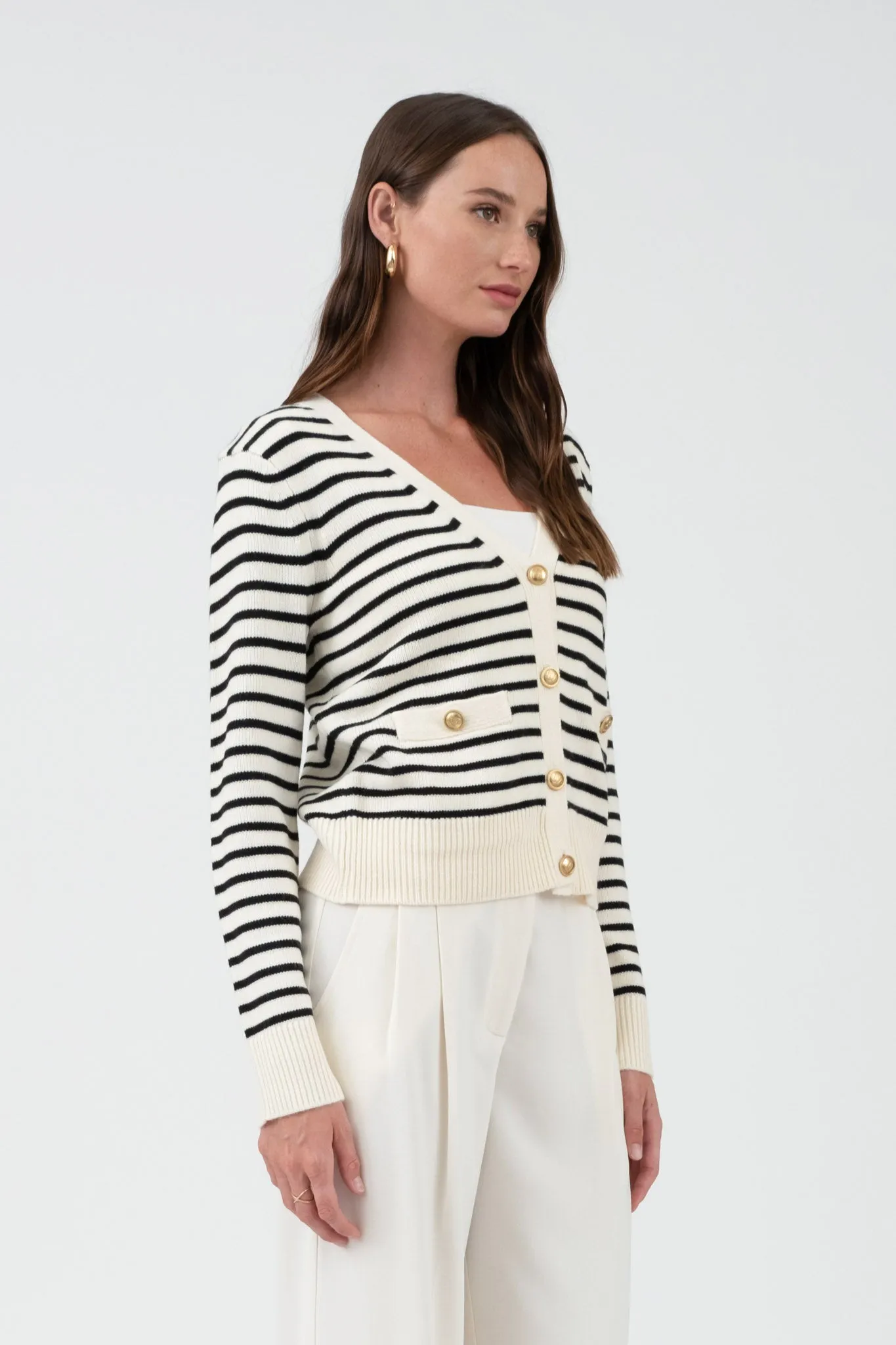 STRIPE V NECK GOLD BUTTON DOWN KNIT CARDIGAN