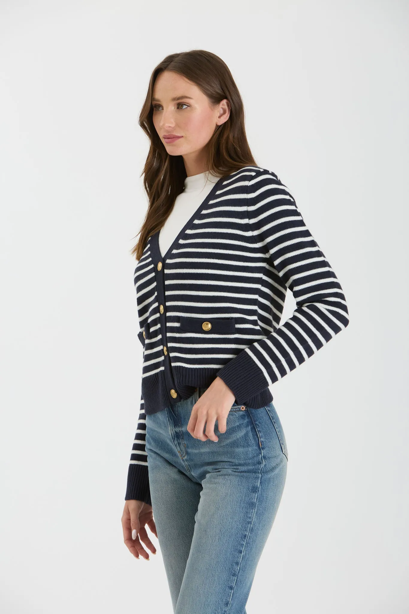 STRIPE V NECK GOLD BUTTON DOWN KNIT CARDIGAN