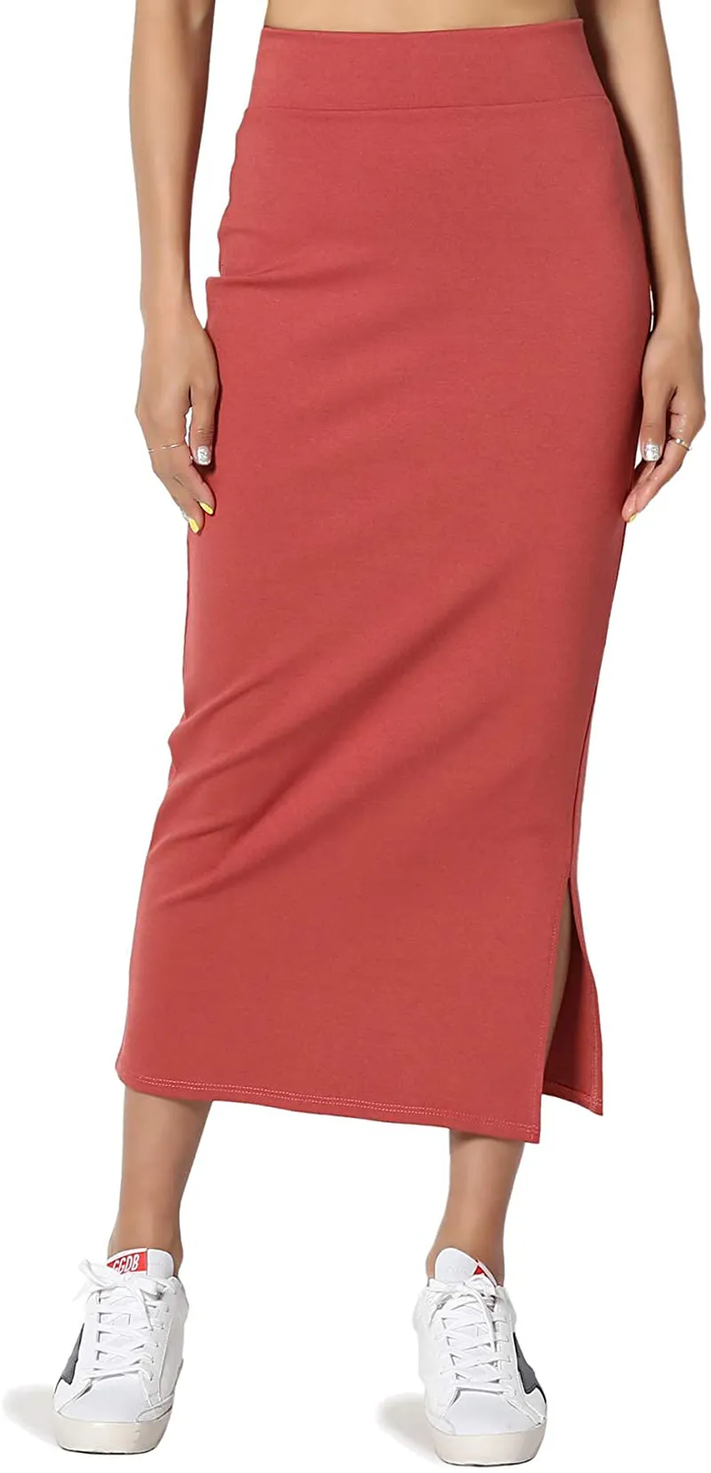 TheMogan S~XL Side Slit High Waist Stretch Ponte Knit Mid Calf Long Pencil Skirt