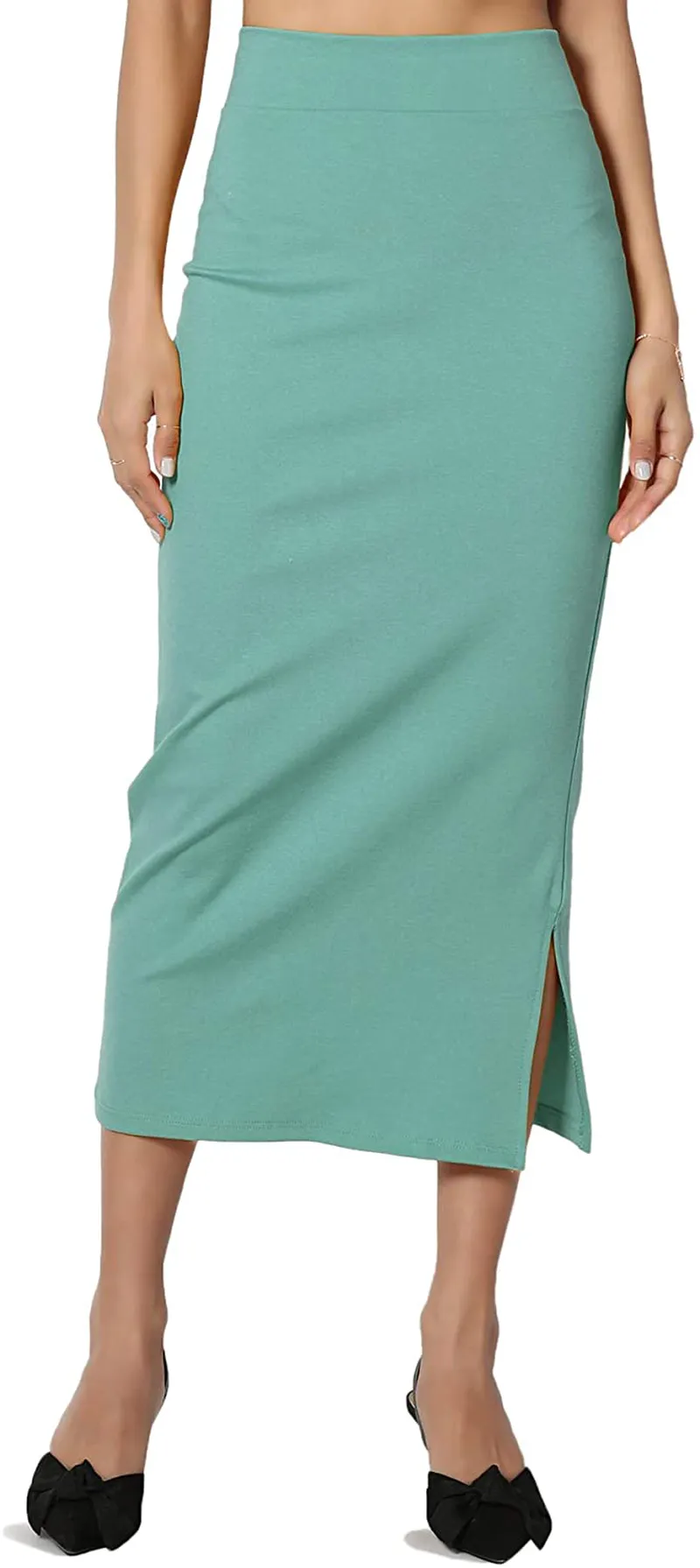 TheMogan S~XL Side Slit High Waist Stretch Ponte Knit Mid Calf Long Pencil Skirt