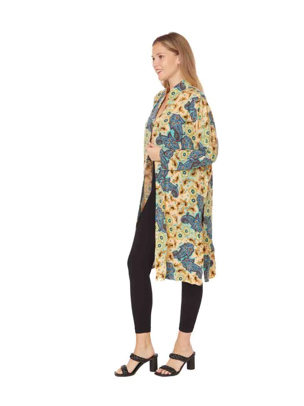 Tianello Plus Sized TENCEL™ "Gran Paisley" Print  "Creek"  Long Duster Jacket 0X