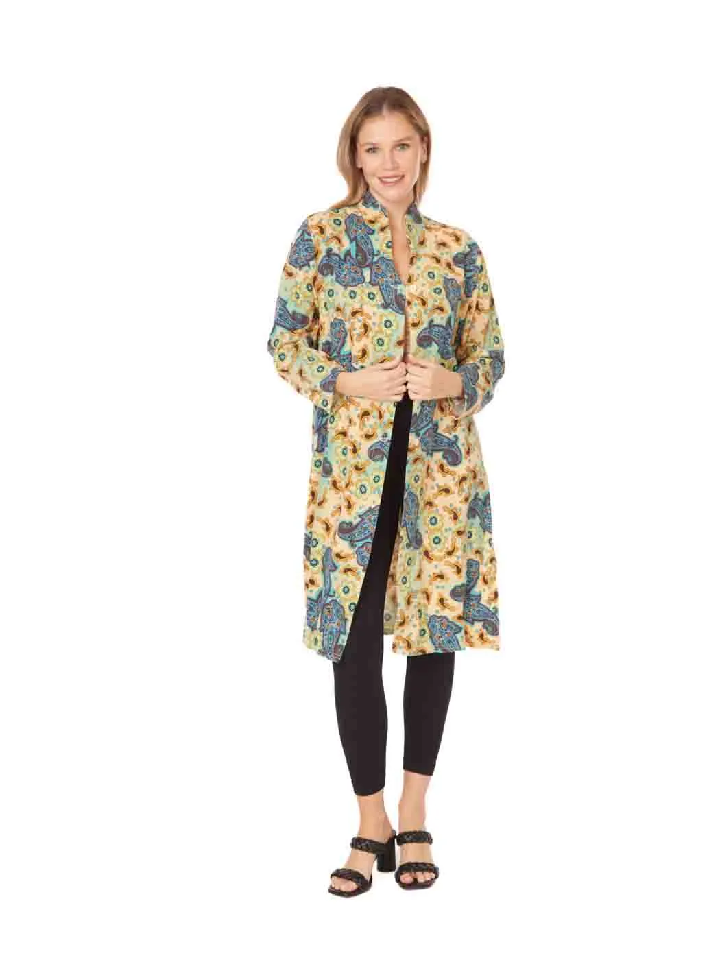 Tianello Plus Sized TENCEL™ "Gran Paisley" Print  "Creek"  Long Duster Jacket 0X