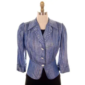 Vintage Evening Jacket Ladies 1940s Metallic Ice Blue Rhinestone Buttons L