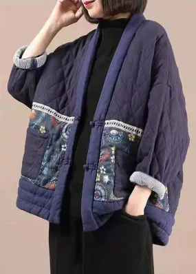 Vintage Purple V Neck Patchwork Print Fine Cotton Filled Parkas Winter